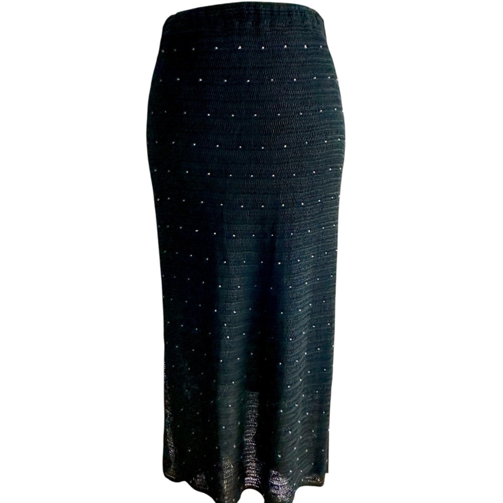 Simon Chang Vintage Black Heavy Knit Gold Beaded Pencil Skirt Size Large